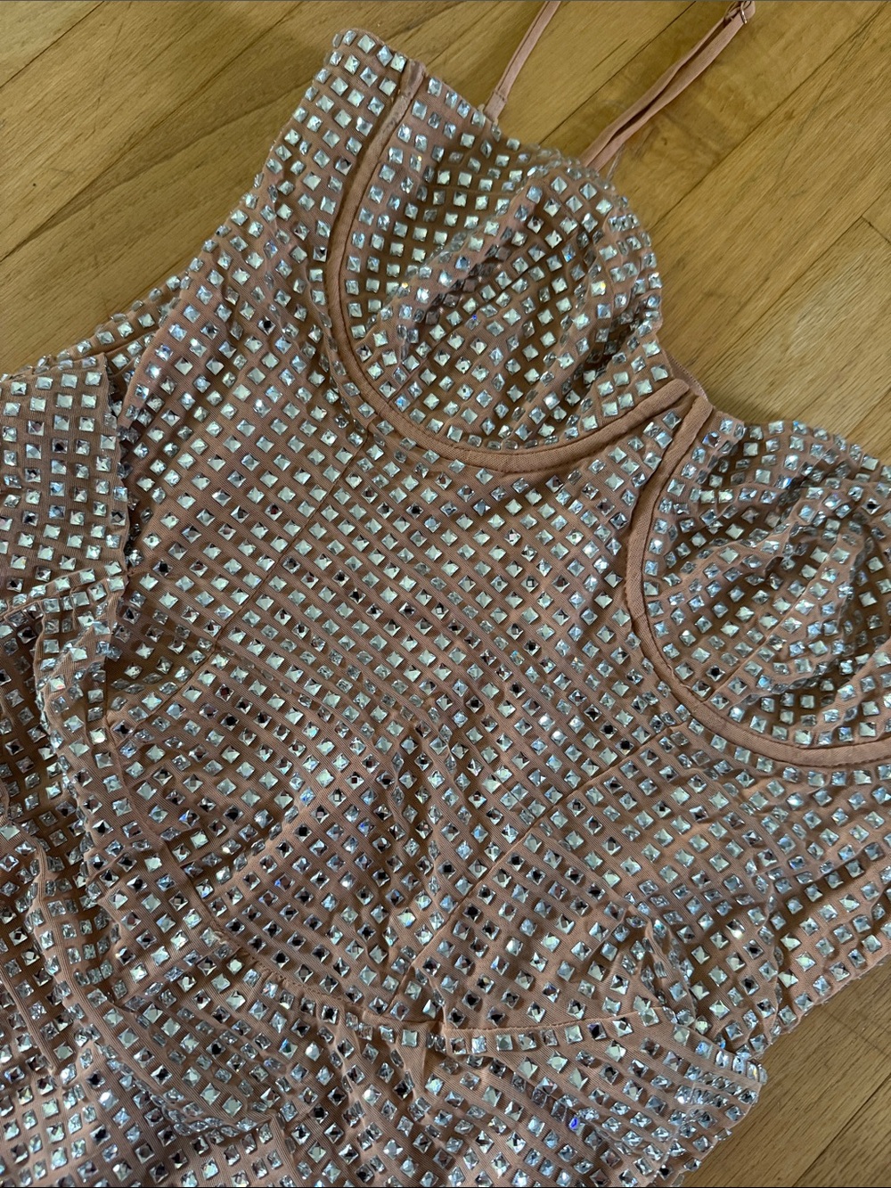 Oh Polly Nude Strapless Rhinestone Bodycon Mini Dress - Picture 4 of 5